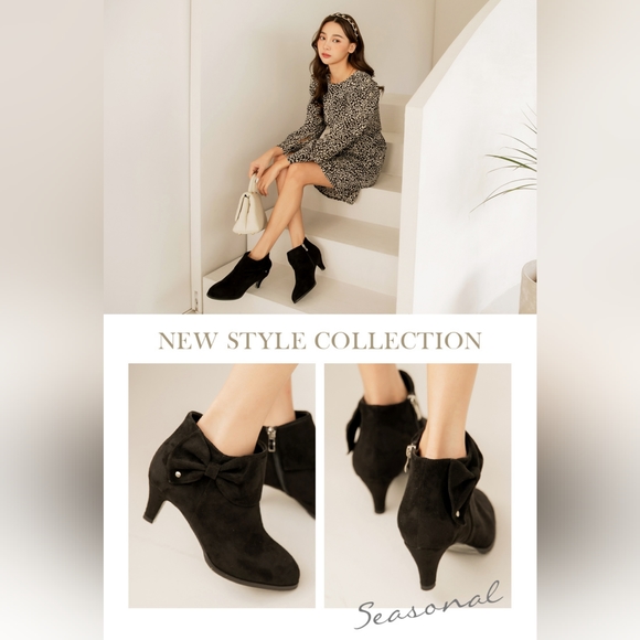 Ann’s elastic velvet side large bow stiletto boots, with Thick 11mm latex insole - Picture 1 of 16